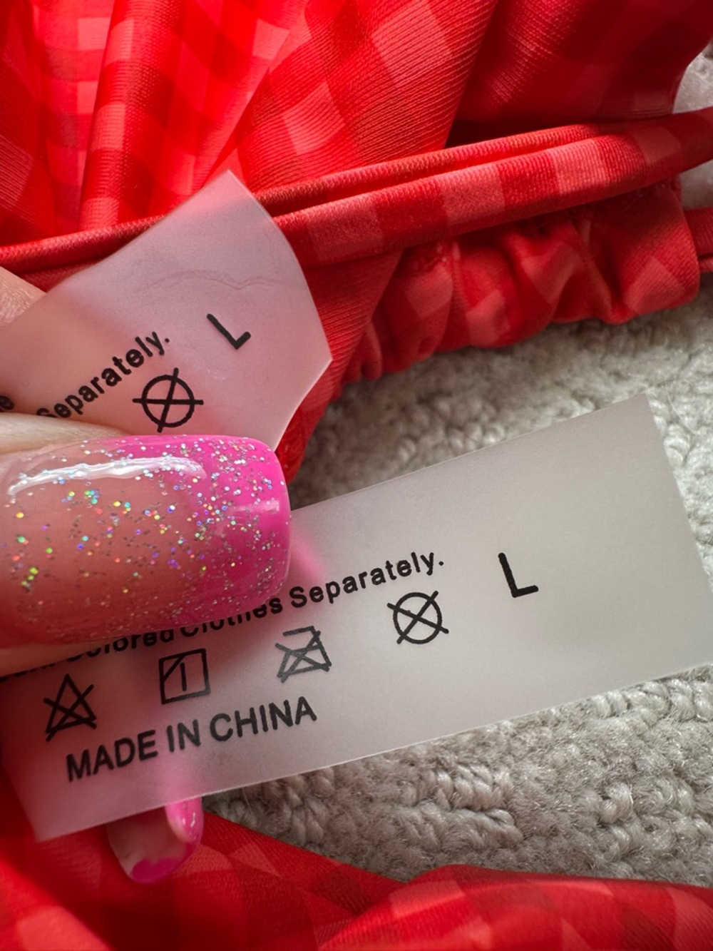 NWOT 3 Piece Bikini Bundle Gingham Check High Cut Triangle Swim‎ Pink Red Blue L - Picture 9 of 10